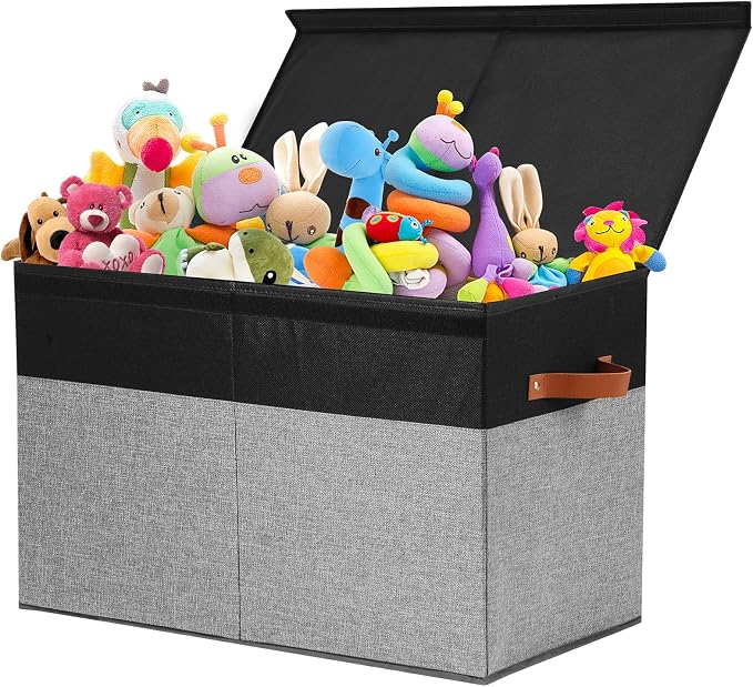 Large Toy Storage Box with Lid, Toy Chest Bin Boxes Basket with Dividers | Sturdy Toy Organizer Bin for Kids, Boys, Girls, Nursery, Living Room, Bedroom, Playroom 25"x13" x16"(Black and Grey) by Gowee
