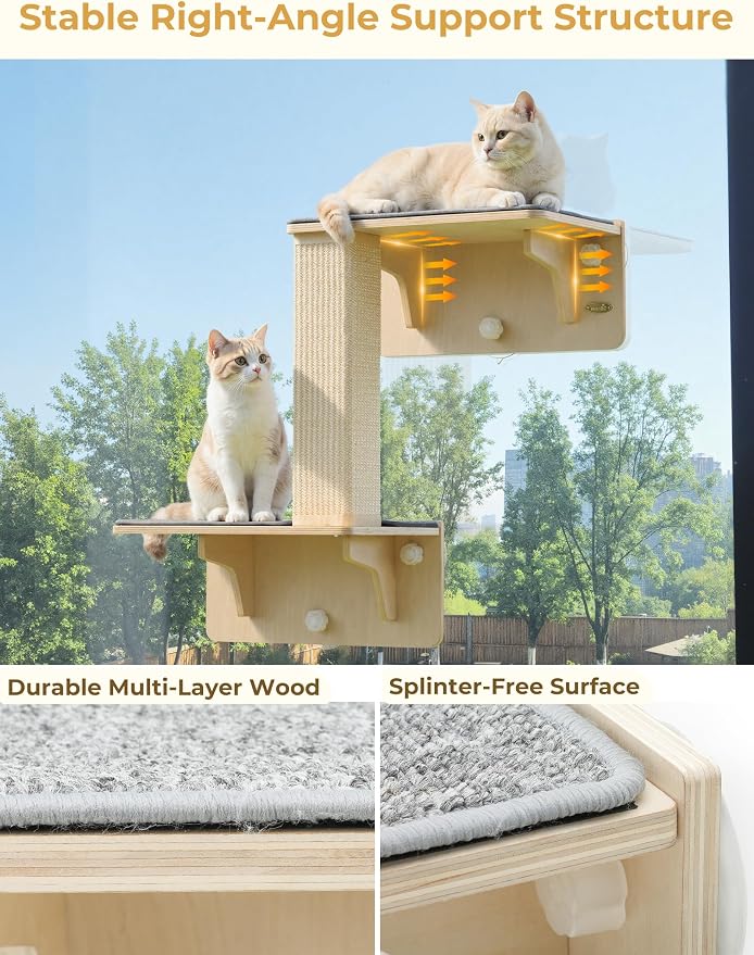 Pecute Double Cat Shelves with Scratching Post for Wall & Window | Solid Wood Frame, Strong Suction Cups, Washable Cover Mat, Cats Perch Bed for Birds Watching Inside, Indoor Cat Hammock Bed - Image 6