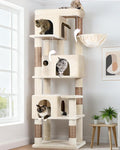 Globlazer F66 Corner Cat Tree, 66in Multi-Level Climbing Tower, Beige | Kitty Condos Cat Scratching Tower for Indoor Multiple Cats with Large Platform, 3 Cat Caves, Hanging Basket by Globlazer