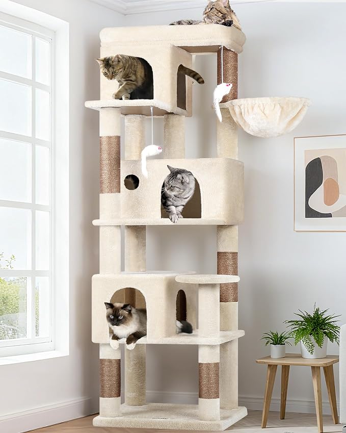 Globlazer F66 Corner Cat Tree, 66in Multi-Level Climbing Tower, Beige | Kitty Condos Cat Scratching Tower for Indoor Multiple Cats with Large Platform, 3 Cat Caves, Hanging Basket by Globlazer