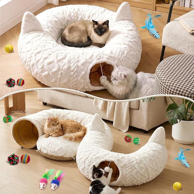 OurWarm Cat Tunnel Bed for Indoor Cats, Soft Plush Cat Donut Tunnel with 11 Pcs Interactive Toys & Washable Mat, Round Peekaboo Pet Cave Play Tunnel Under Christmas Tree for Kitten Rabbit - Image 7
