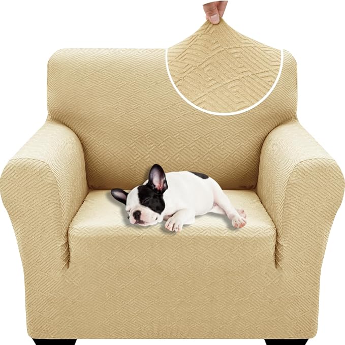 XINEAGE Stretch Jacquard Armchair Cover, Non Slip Sofa Slipcover for Dog | High-Stretch Fabric. Wear-Resistant, Pet Friendly. Easy Install & Washable for Living Rooms, Offices.Beige by XINEAGE