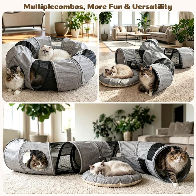Ownpets Collapsible Cat Tunnel Toy - 2-in-1 Interactive Play Tunnel for Cat up to 18 lbs, Tear-Resistant Mesh, Fold to 2 Inches Thick, Portable Cat Exercise & Entertainment Tunnel, 12" Diameter, Grey - Image 3