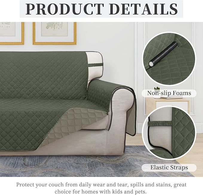 ISSUNTEX Double Protection 100% Waterproof Sofa Covers for Living Room, Couch Covers for 3 Cushion Couch Sofa, Reversible Furniture Protector Sofa Cover for Dogs, Pets (Sofa, Greyish Green/Beige) - Image 5