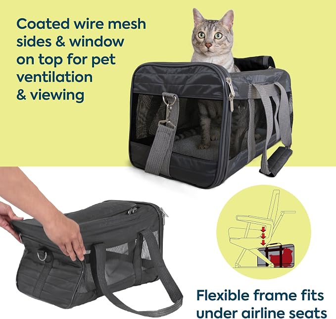 Sherpa Pet Carrier Airline Approved with Spring Wire Frame - Cat Carrier and Dog Carriers for Airline Travel and Vet Visits, Mesh Ventilation, Locking Zippers - Charcoal Grey, Large - Image 2