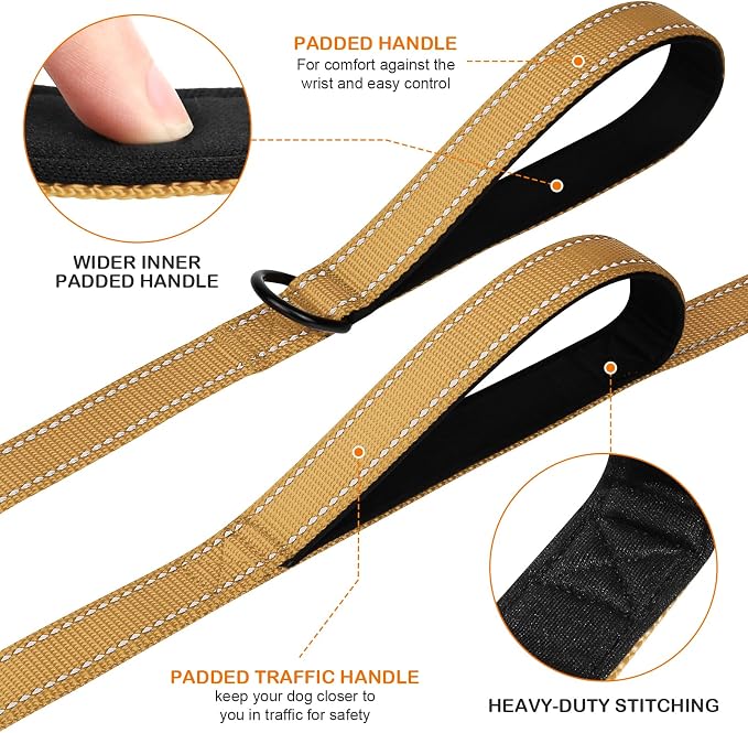 Joytale Dog Leash for Large Dogs that Pull, Double Handle, 5FT, Khaki | Traffic Handle for Control, Padded Handle Reduces Hand Strain, Reflective Stitching for Night Safety, Strong Nylon Webbing - Image 2