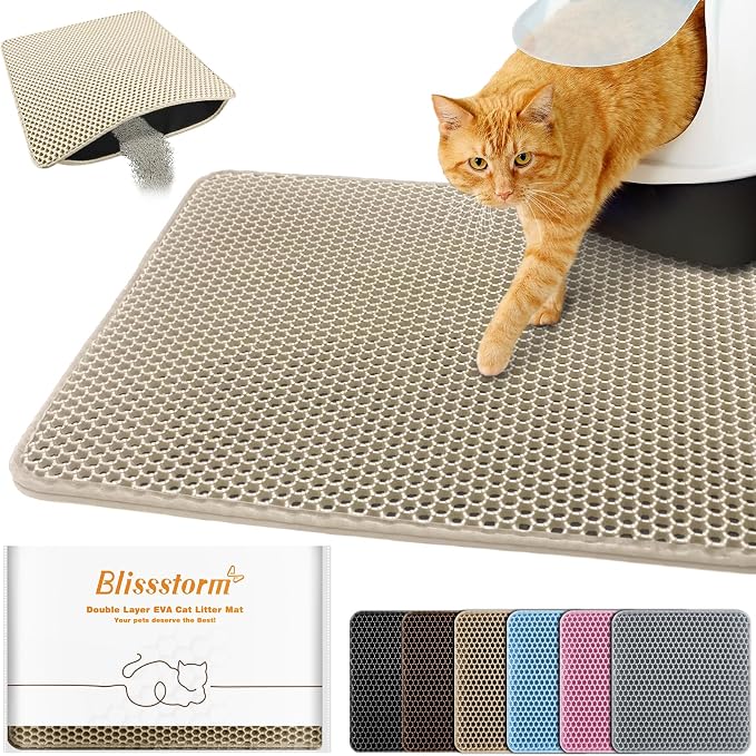 Cat Litter Mat 22"x30",Double Layer EVA litterbox Mat, Khaki | Waterproof honeycomb large grid, urine-proof and odor-free. Traps litter, easy cleanup,Washable, non-slip backing by BLISSSTORM
