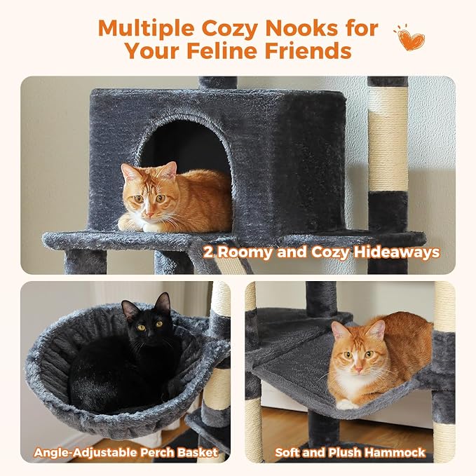 70.8" Tall Cat Tree for Large Cats, Multi-Level Cat Tower with 8 Sisal Scratching Posts, 2 Top Perches, Big Condo, Large Hammock, and Cat Furniture for Indoor Cats, Dark Gray - Image 3