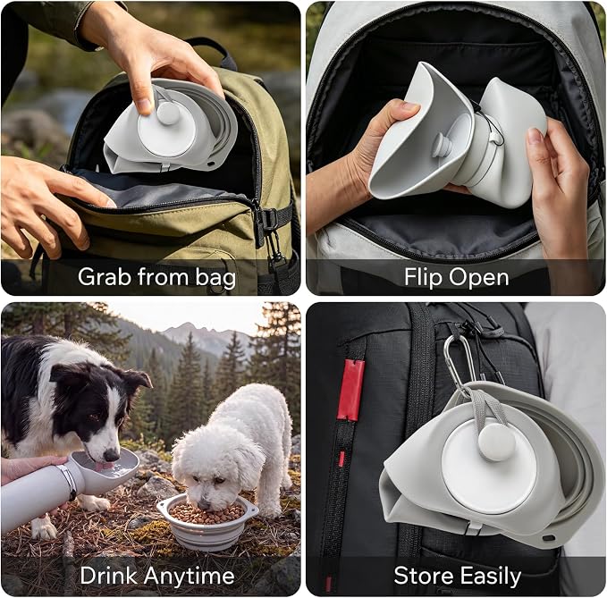 Dog Water Bottle and Collapsible Bowl Set, 18.6 oz/550ml Leakproof Silicone Portable Pet Travel Water Bottle for Walking, Hiking and Camping, Light Grey - Image 7