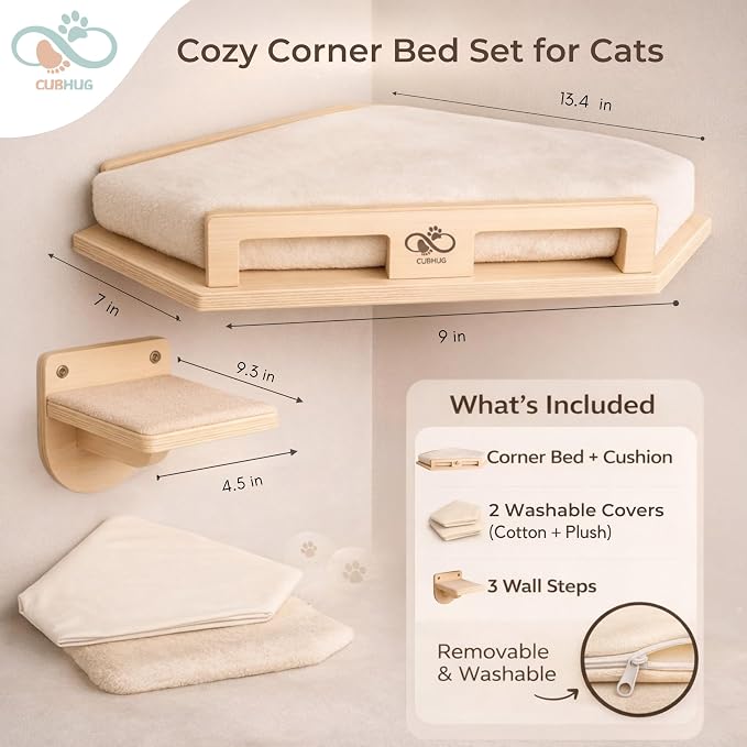 Cat Wall Shelves, Solid Wood Corner Bed, 3 Steps, Up to 25 lb, Wood | Cushion included; 2 washable covers, cotton and plush; secures across two walls - Image 3