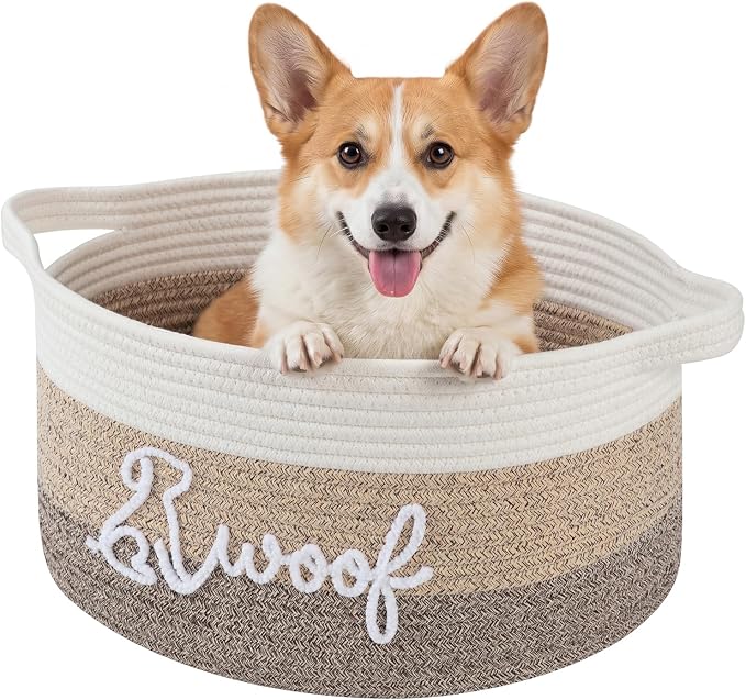OIAHOMY 22L Large Dog Toy Basket, 16.5"x11.4"x9" Cotton Rope Basket with Cute Woof Embroidery, Soft Woven Pet Toy Box with Handles for Blankets, Leashes & Puppy Accessories, Decorative Organizer Brown by MasterofSpaceOptimization
