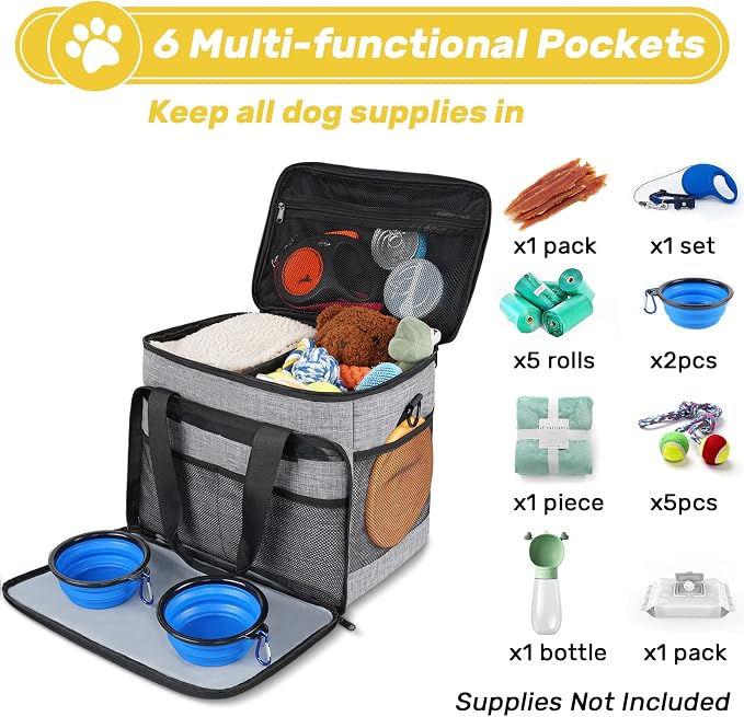 6 Set Dog Travel Bag, Large Pet Travel Kit for Supplies, Grey | Includes 2 Food Containers, 1 Pet Organizer for Dogs, 2 Collapsible Bowls, 1 Treat Pouch, Dog Weekend Overnight Bag Luggage - Image 8