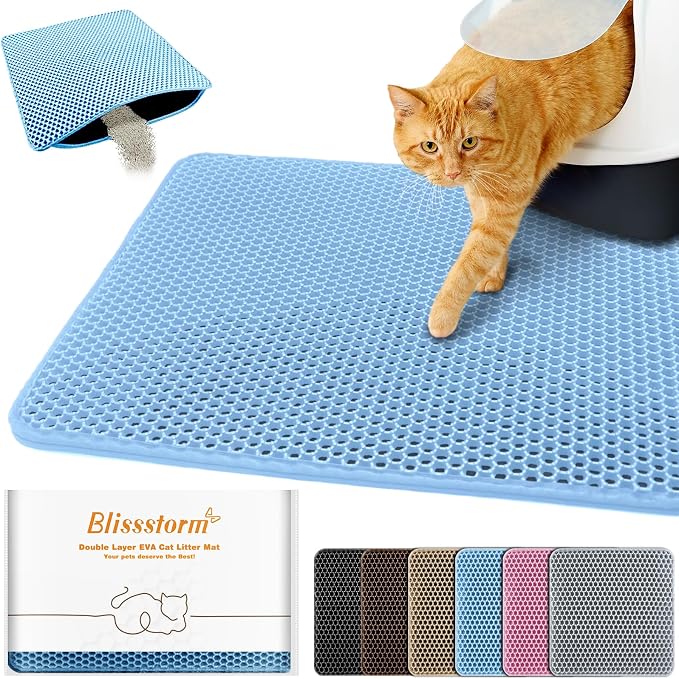Cat Litter Mat 27"x46",Double Layer EVA litterbox Mat, Blue | Waterproof honeycomb large grid, urine-proof and odor-free. Traps litter, easy cleanup,Washable, non-slip backing by BLISSSTORM