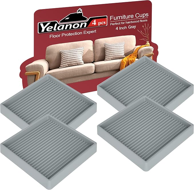 Yelanon Furniture Coasters,4 Pcs 4” Furniture Caster Cups - Non Slip Pads Hardwood Floors - Non Skid Furniture Grippers, Rubber Furniture Feet, Anti Slide Floor Protector for Bed Couch Stoppers by Yelanon