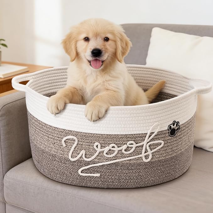 30L Woof Dog Toy Basket with Handles, Large Dog Toy Storage Bin with Paw Print, Woven Dog Basket for Blankets, Toys, Chews, Pet Toy Box for Nursery, Living Room, Bedroom, 17”x12”x9, Brown - Image 7
