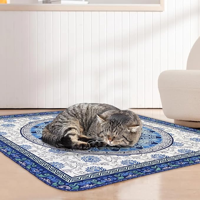 Cat Litter Mat, Reusable Kitty Litter Trapping Mat 2 PCs, 35"x35" Washable Litter Mats for Cats, Waterproof & Non-Slip Compatible with Cat Box (Indigo Blue Medallion, 35"x35"(2 PCS)) - Image 6