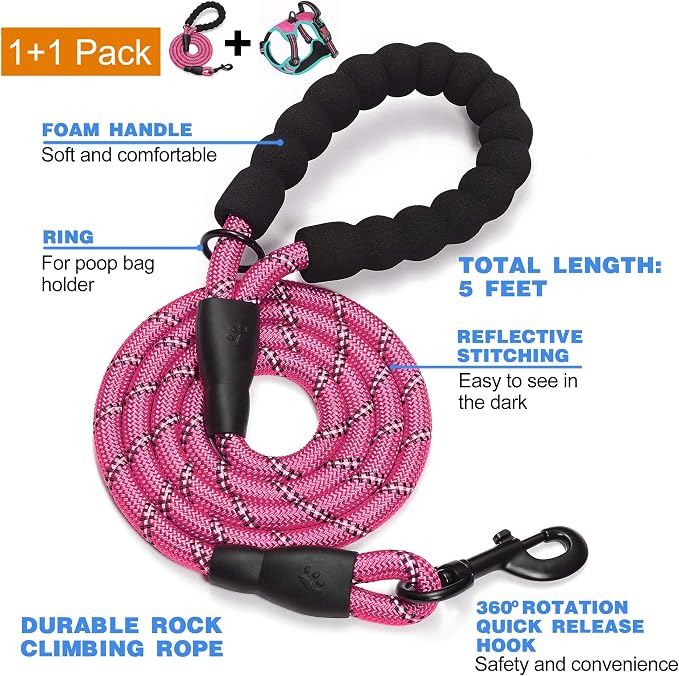 tobeDRI No Pull Dog Harness Adjustable Reflective Oxford Easy Control Medium Large Dog Harness with A Free Heavy Duty 5ft Dog Leash, Pink/Blue, M - Image 2