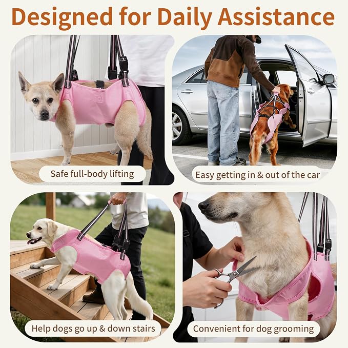 Full Body Dog Lift Harness, Support Senior & Disabled Dogs Walking | Help Up & Down Stairs Grooming, Dog Sling Backpack, Front Hind Leg Joint Injuries, Reflective, Soft Padded Handle | Pink, L - Image 7
