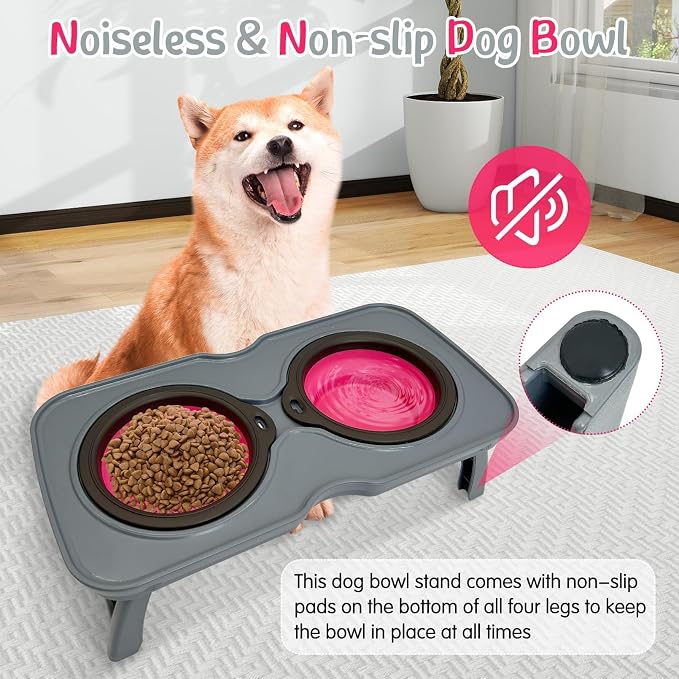 PINVNBY Elevated Dog Bowls Portable Raised Dog Bowl Stand with 2 Collapsible Silicone Food Bowl Non-Slip Travel Bowls for Medium Dogs and Cats (16.9" L x 7.9" W x 5.1" H) - Image 7