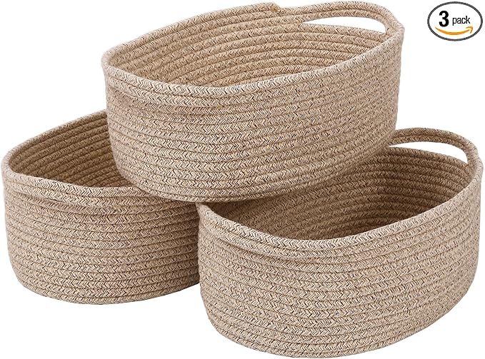 JMvicyroam Small Woven Basket, Empty Gift Basket, Oatmeal/3 Pack | Small Gift Basket, Cotton Rope, 12 x 8 x 14 in, Handles, Includes Ribbon and Bag, Birthday Gift Basket by JMvicyroam