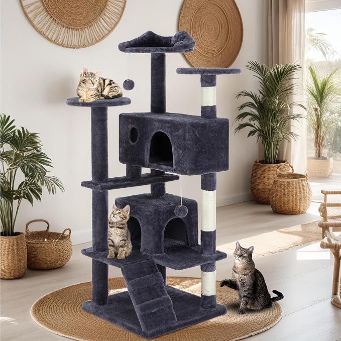 Sweetcrispy 54 Inch Cat Tree Tower with Scratching Post, Indoor Use | Multi-Level Cat Tower with Condo with Climbing Ladder, Plush Toy, Play House for Kittens, Dark Grey - Image 2
