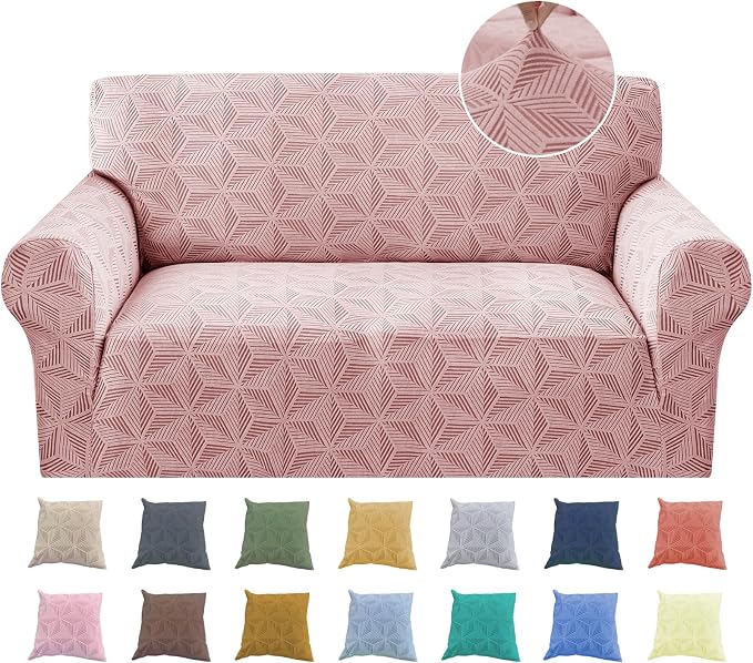 YEMYHOM 1 Piece Stretch Couch Covers for 2 Cushion Couch, Jacquard Loveseat Cover with Non-Slip Elastic Bottom, Thickened Slipcover Furniture Protector for Dogs Pets (Medium, Pink） by YEMYHOM