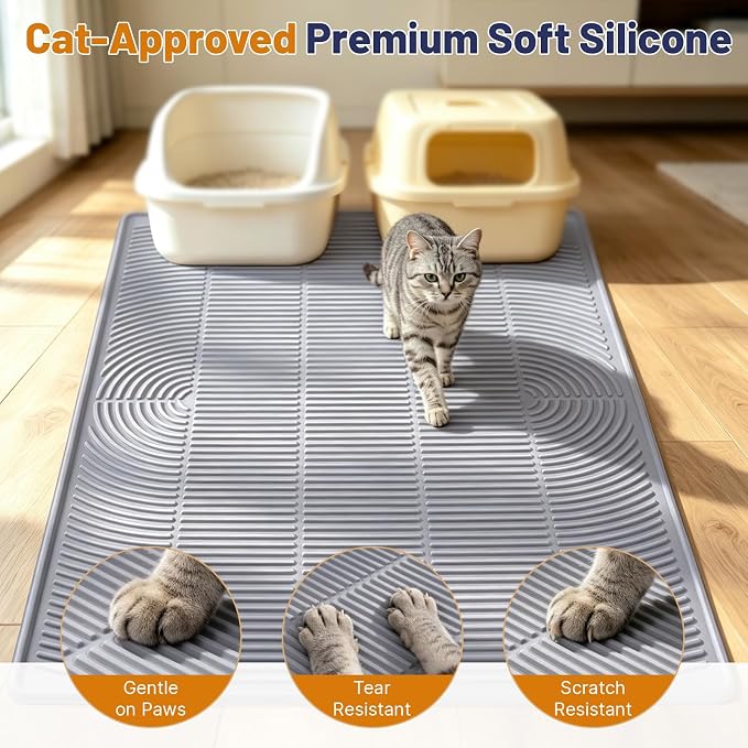 Cat Litter Mat, XL 46x35in Waterproof Silicone Litter Box Mat, Grey | XXL Cat Mat Fits 2-4 Litter Boxes, Litter Trapping Mat with Raised Edges & Textured Surface, Non-Slip Bottom, Easy Clean - Image 5