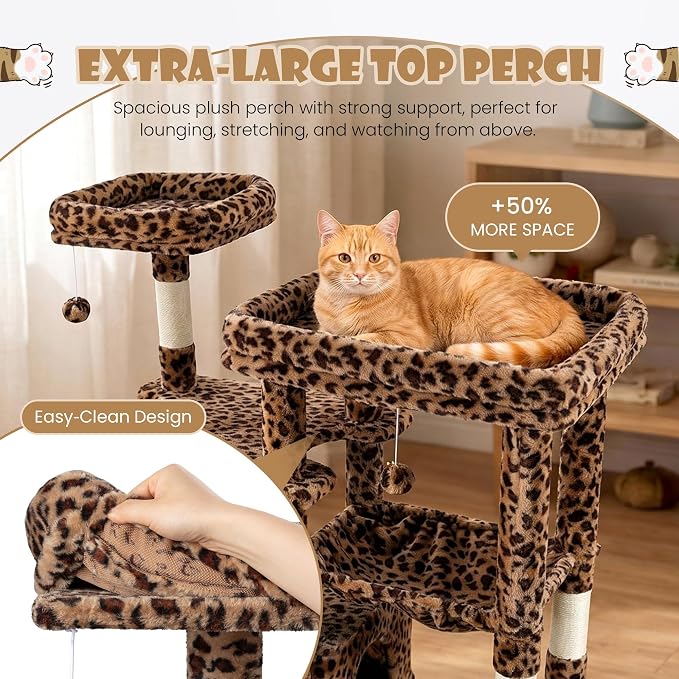 Sha Cerlin 87 in Multi-Level Tall Cat Tree Tower for Large Cats/Extra Wide Feline Activity Center/Sisal Scratching Posts/Wide Base/Cozy Plush Perches/Baskets/Hammocks/Toy Balls/Leopard Print - Image 4