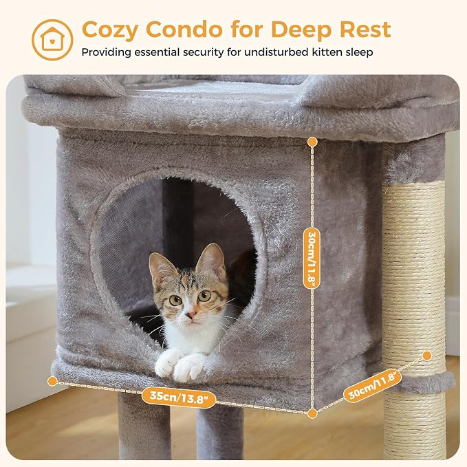 PAWZ Road 26" Cat Tree for Indoor Cats, Small Tower with 19X13”Bed | Cozy Cat Condo with Tall Sisal Posts & Spring Ball, Raised Edge Bed Keeps Cats Secure Compact for Corners or by Window - Image 5
