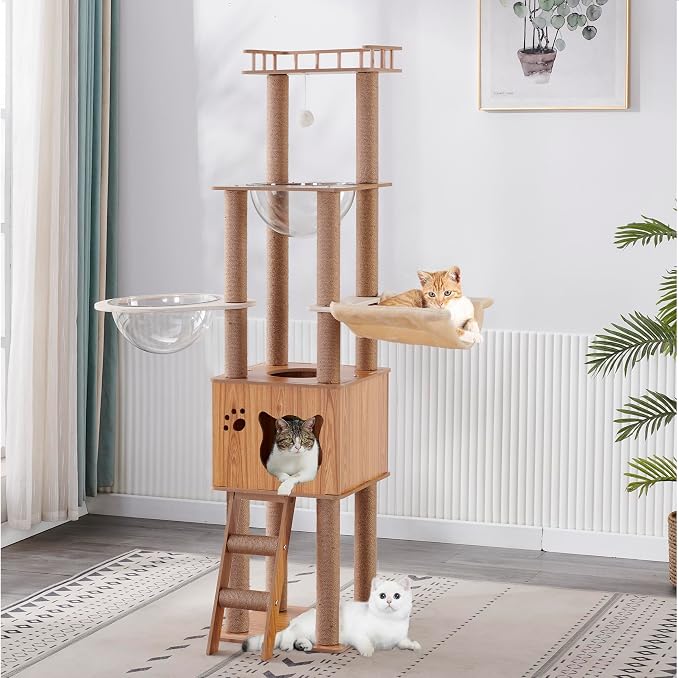61'' Wooden cat Tree with cat Condo, Cat Stairs Scratching Posts, 2 Bowl,Sisal Scratching Posts,Cozy Cat Hammock and Top Perch. Cat Tree for Large Cats. by Yinanroa