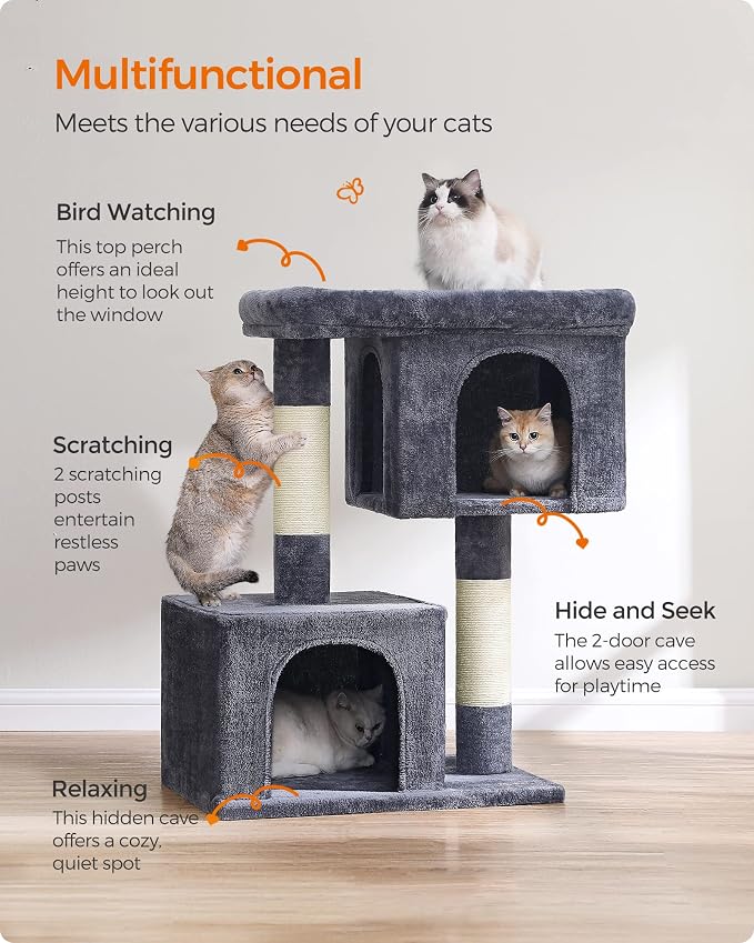 Feandrea Cat Tree, 40.6-Inch Cat Tower, Plush Condo for Extra Large Cats up to 44 lb, Large Perch, 2 Caves, Scratching Post, Smoky Gray UPCT614G01 - Image 4