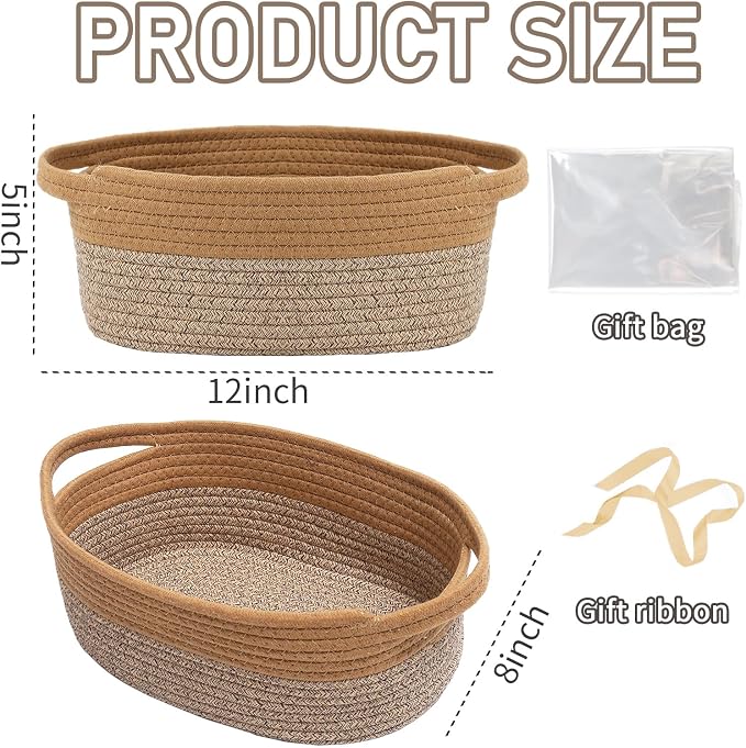 JMvicyroam Small Woven Basket, Empty Gift Basket, Jute&Brown/1 Pack | Small Gift Basket, Cotton Rope, 12 x 8 x 75 in, Handles, Includes Ribbon and Bag, Birthday Gift Basket - Image 2
