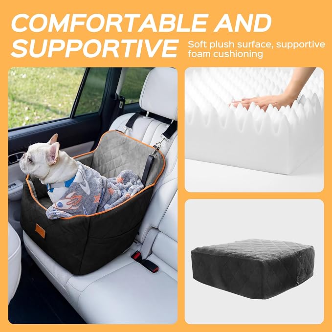 HiPetpy Dog Car Seat 6" Elevated Memory Foam Booster Seat for Small Medium Dogs Under 35 lbs with Pet Blanket, Washable Pet Car Seat with Safety Leash, Anti-Slip Base and Storage Pockets - Image 5