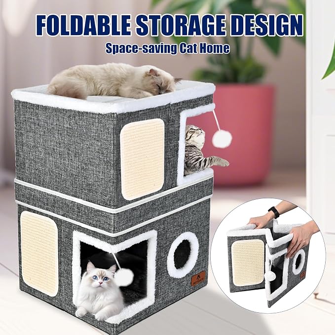 2-Story Cat House for Indoor Cats, Dual-Purpose Cave Bed with Scratch Pad and Fluffy Ball, Foldable Cat Hideaway, Cute Condo Furniture for Multi Small Pet Kitten, Grey - Image 7