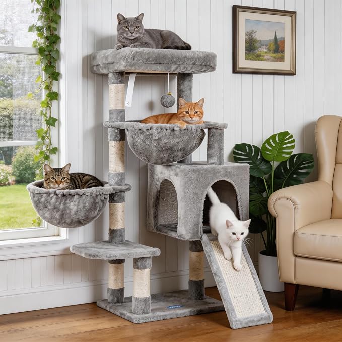 Hey-brother Cat Tree Tower with Large Bed, Hammocks, Scratcher, MPJ006SW | 35.4 Inches Cat House with Cozy Condo, Sisal Scratching Posts for Indoor Cats, Light Gray by Hey-brother