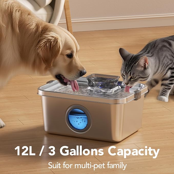 PETIMI Dog Water Fountain, 3 Gallons Stainless Steel Dog & Cat Water Fountain, Large Pet Water Fountain for Multiple Pets, Ultra Silent, Wide Mouth, Safety Lock, 3 Filters Included, Smart Water Pump - Image 3
