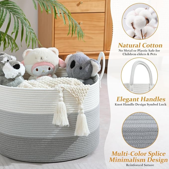 67L Large Woven Blanket Basket, Cotton Rope Baby Laundry Hamper with Handles, Kids Toy Basket for Classroom & Nursery, Soft Round Stuffed Animal Storage, Dog Toy Bin - 20"x13", Gray - Image 3