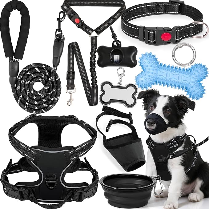 No Pull Dog Harness Adjustable Collar & Leash Set - Dog Halter Harnesses Collapsible Bowls & Poop Bag Dispenser Muzzle ID Tags Toys Fits Small Medium Large Dogs (Black-M) by Unknown