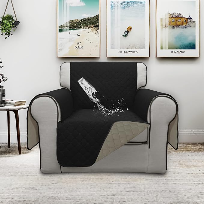 ISSUNTEX Double Protection 100% Waterproof Chair Sofa Cover for Living Room, Reversible Furniture Protector for Dogs, Pets, Kids (Chair, Black/Beige) - Image 2