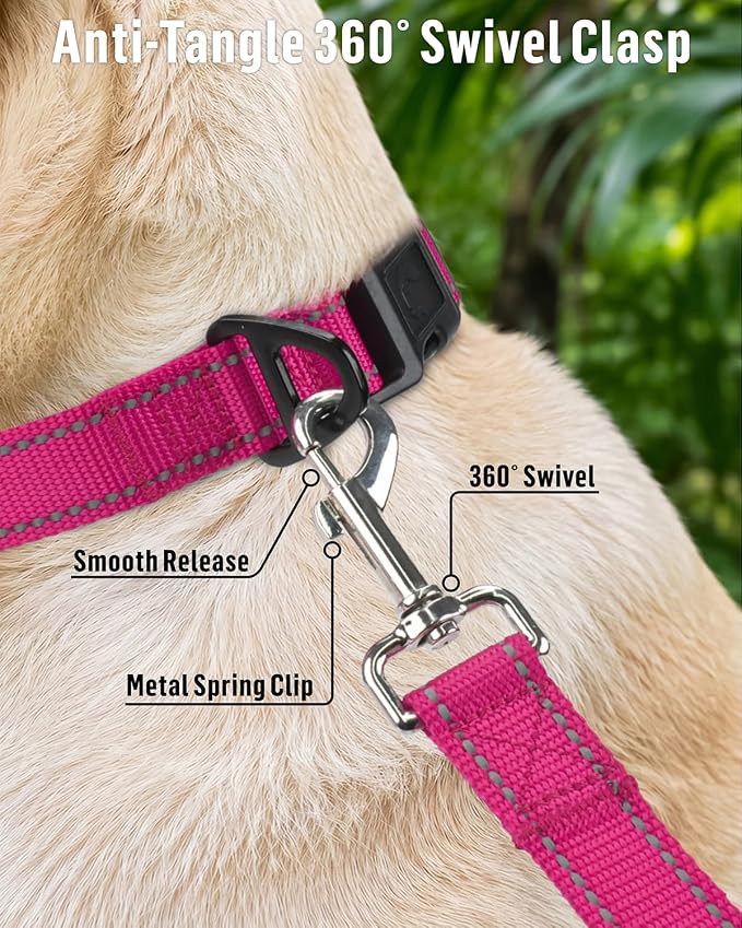 FunTags Reflective Nylon Dog Leash for Medium & Large Dogs, 6FT for Walks | Comfortable Padded Grip, Stay Safe at Night, 360° Anti-Tangle Swivel, for Dog Parks & Trails, Hot Pink - Image 4