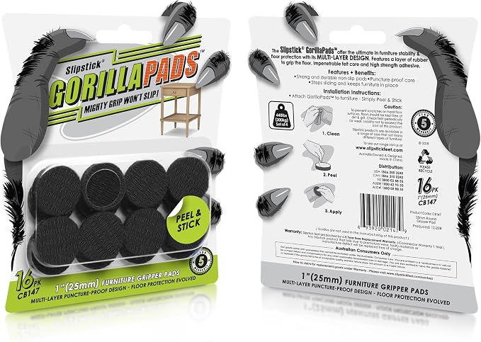 Slipstick GorillaPads CB147 Non Slip Furniture Pads/Gripper Feet (Set of 16) Self Adhesive Rubber Floor Protectors, 1 inch Round, Black (Pack of 3) - Image 2