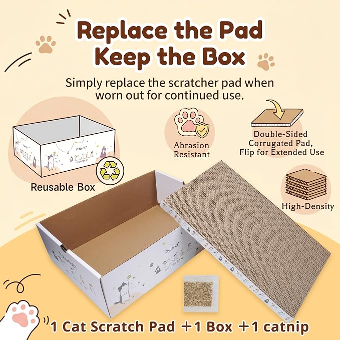 PatiencET Cat Scratch Pad with Box, Corrugated Cardboard Scratcher | Raised edges, less mess, cozy lounge, furniture protection, double-sided scratch surface, replaceable design, catnip included - Image 3