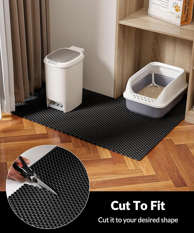 Cooyes Cat Litter Mat - Cut to Fit Any Place, 35"x23" Large Litter Trapping Mat for Litter Box, Easy to Clean, Waterproof & Non-Slip Kitty Pad, Scatter Control to Protect the Floor (Black) - Image 2