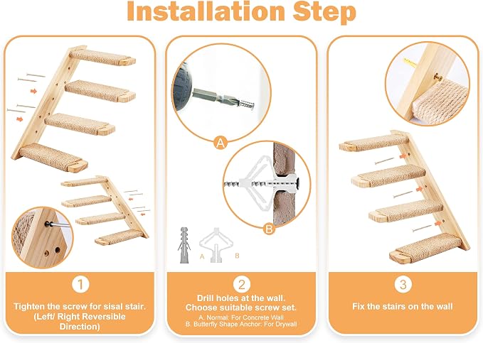 Strong Cat Shelves Stairs for Wall Mounted, 1P Cat Shelf& 2PCS 4 Steps Stairway with Sisal Rope Scratching for Cats Perch Platform, Wall Ladder Furniture - Image 3