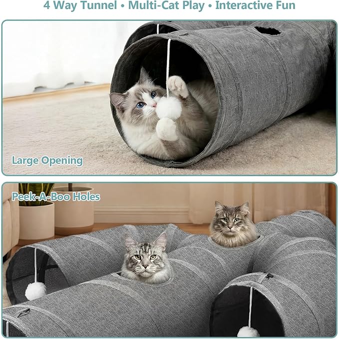 Ownpets Cactus Cat Tunnel 12" with Peek Holes for Indoor Large Cat, Grey | Durable Oxford fabric, noise-free, foldable & connectable, multi-cat friendly, tube for cats up to 20lb, includes ball & wand - Image 3