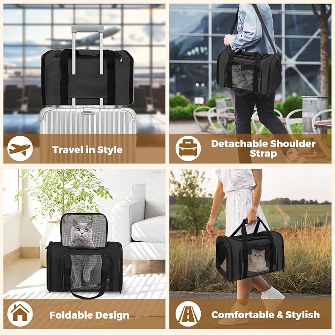 Cat Carrier Soft Up to 16 Lbs, Breathable Pet Travel Bag with Steel Frame | Lockable Zippers, Fits Small Dog, Kitten, and Rabbit,Medium Travel Carrying Case for Kennel Car Airline Transport，Black - Image 7