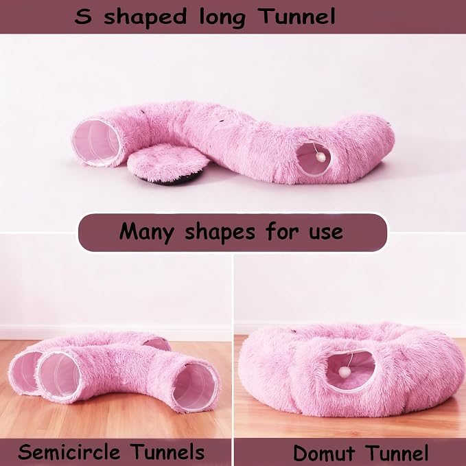 Cat Bed Tunnel Tube Toy Pink Plush | Collapsible Round Tunnels for Indoor Cats, Interactive Toys Play Tubes with Hanging Ball for Kitten, Puppy, Rabbit - Image 3
