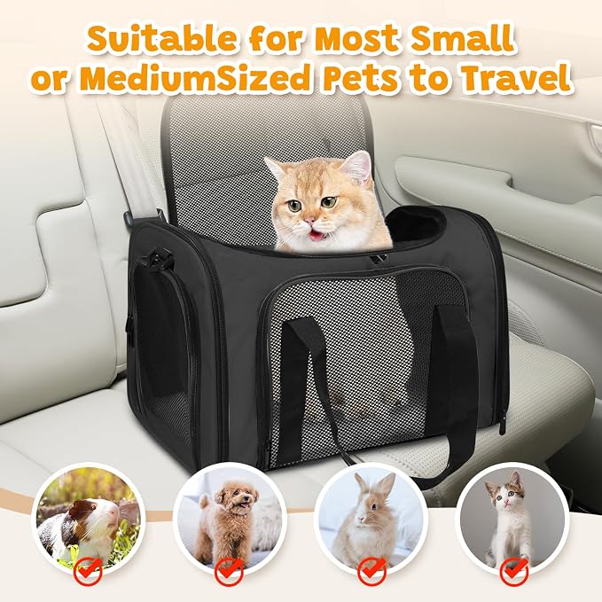 Cat Carrier Soft Up to 16 Lbs, Breathable Pet Travel Bag with Steel Frame | Lockable Zippers, Fits Small Dog, Kitten, and Rabbit,Medium Travel Carrying Case for Kennel Car Airline Transport，Black - Image 4