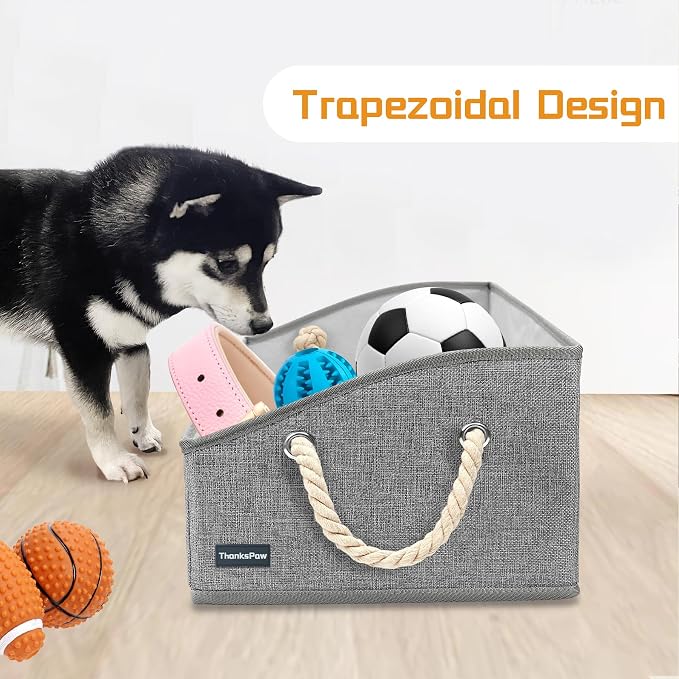 Dog Toy Basket, Storage Bin, Collapsible Box for Pet Accessories | Fabric Container With Handle, Trapezoid Holder for Small Medium dogs, Organizer for Living Room, Light Gray - Image 4