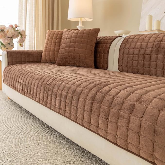 Velvet Washable Couch Cover for Pets Dogs, Non Slip Sectional Sofa Covers for 3 Cushion Couch Sofa L Sharped Sofa Slipcovers, Furniture Protector (1 PCS 36"x63",Brown) by Aucrovee